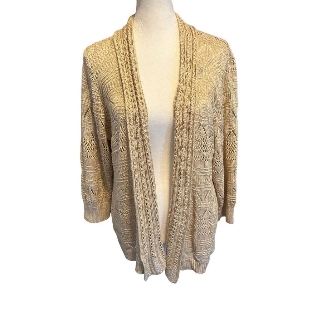 New Knits Co Women's Size 1X Cardigan Tan 3/4 Sleeves Knit Casual